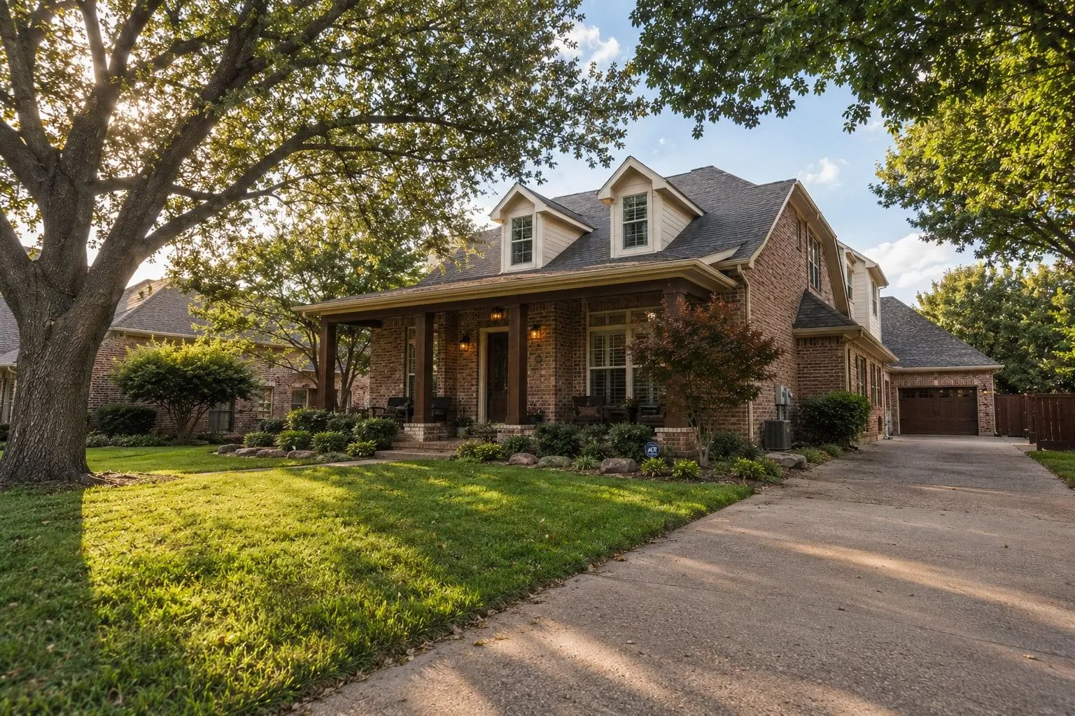 Suburban brick home in Fort Worth Texas with green lawn and mature trees on a sunny day